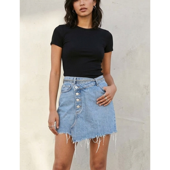 Topshop Dresses & Skirts - Topshop MOTO Asymmetrical Raw Hem Denim Mini Skirt Blue High Waist Size 0